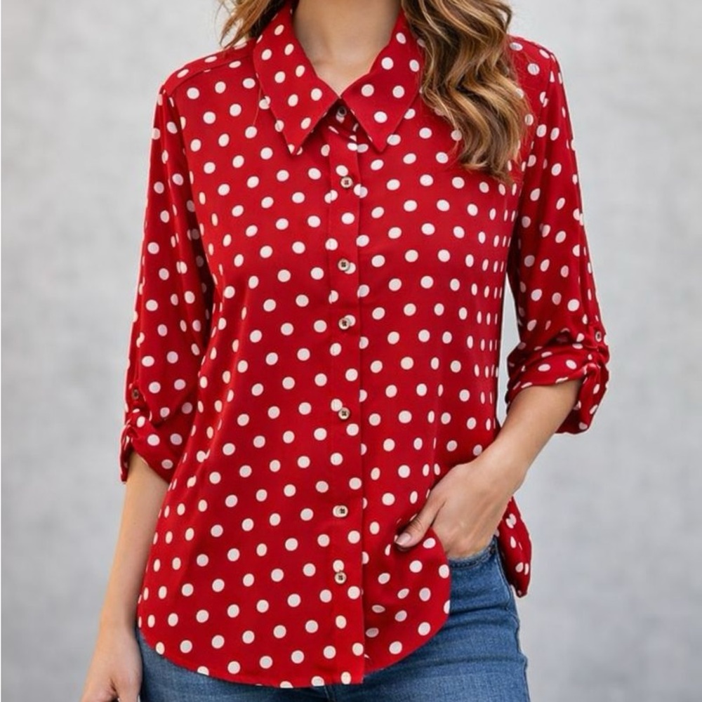 Susan Graver Top Size 1X Red White Polka Dot 3/4 Sleeve Button Up Office Career